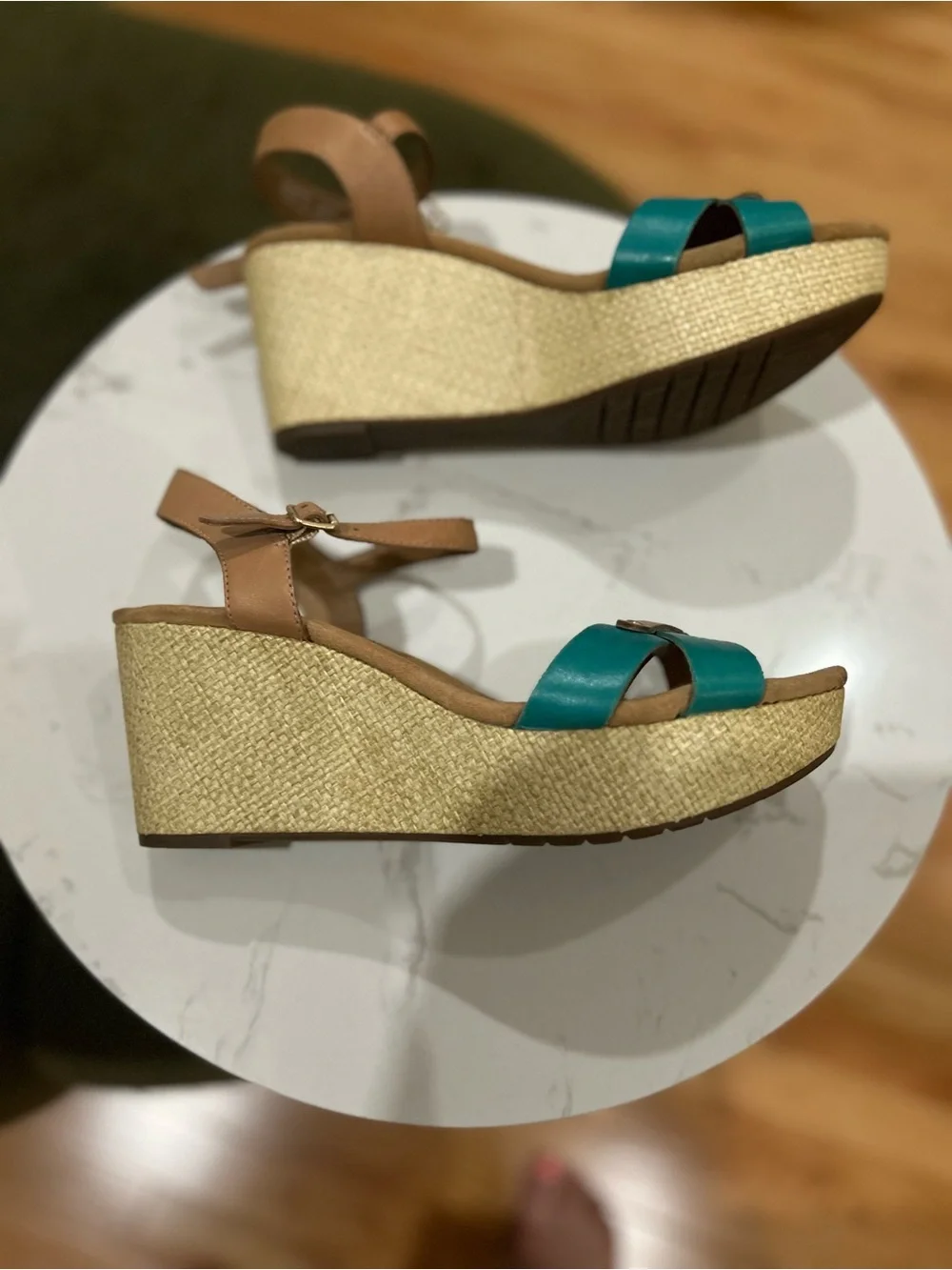 Clarks Teal and Tan Cross-Strap Wedge Sandals